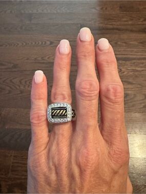 Silver Tone Rectangle Halo Statement Ring with Crystal Accents Size 5.5–6